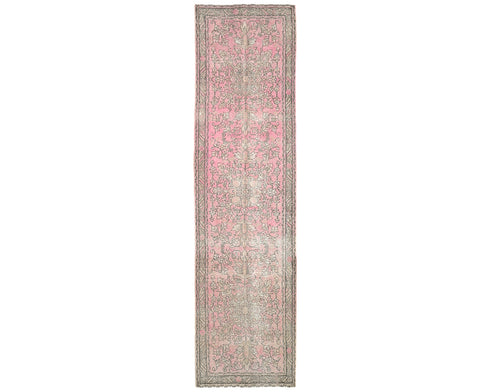 13 Ft Vintage Pink Brown Persian Style Hand Knotted Distressed Low Pile Wool Runner Rug