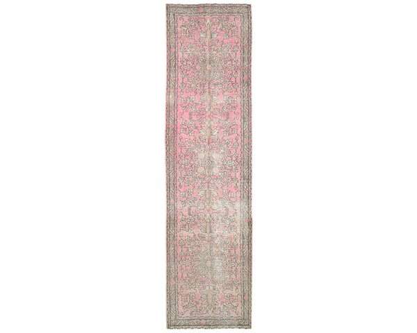13 Ft Vintage Pink Brown Persian Style Hand Knotted Distressed Low Pile Wool Runner Rug