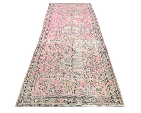 13 Ft Vintage Pink Brown Persian Style Hand Knotted Distressed Low Pile Wool Runner Rug