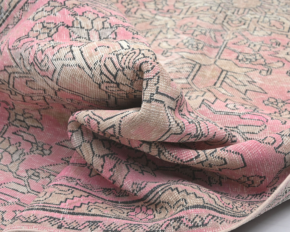 Alfombra de lana de pelo corto, estilo persa, vintage, rosa y marrón, anudada a mano, de 13 pies