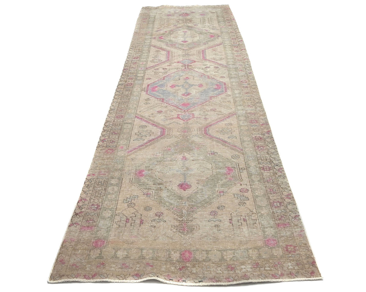 14 Ft Vintage Brown Persian Style Hand Knotted Distressed Low Pile Wool Runner Rug