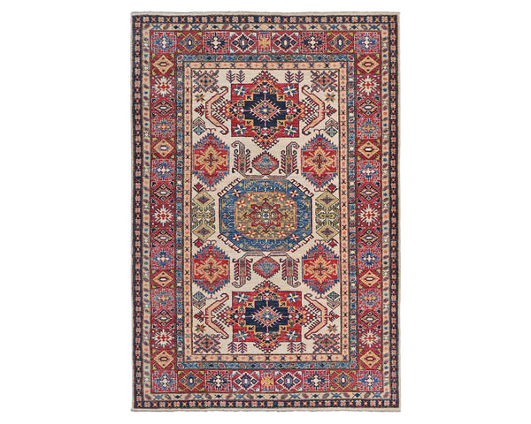 6x8 Ft Beige Kazak Afghan Hand Knotted Geometric Wool Area Rug