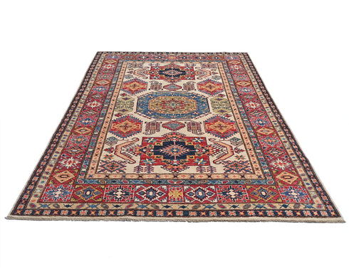 6x8 Ft Beige Kazak Afghan Hand Knotted Geometric Wool Area Rug