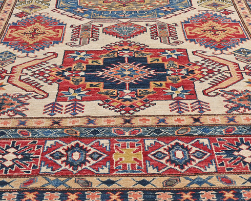6x8 Ft Beige Kazak Afghan Hand Knotted Geometric Wool Area Rug