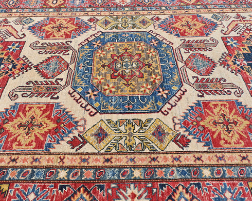 6x8 Ft Beige Kazak Afghan Hand Knotted Geometric Wool Area Rug