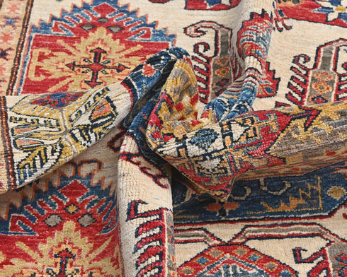 6x8 Ft Beige Kazak Afghan Hand Knotted Geometric Wool Area Rug