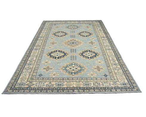 6x8 Ft Kazak Gray Afghan Hand Knotted Geometric Wool Area Rug