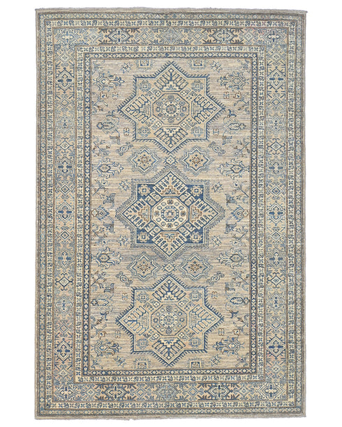 5x7 Feet Kazak Brown Blue Afghan Handmade Geometric Wool Area Rug