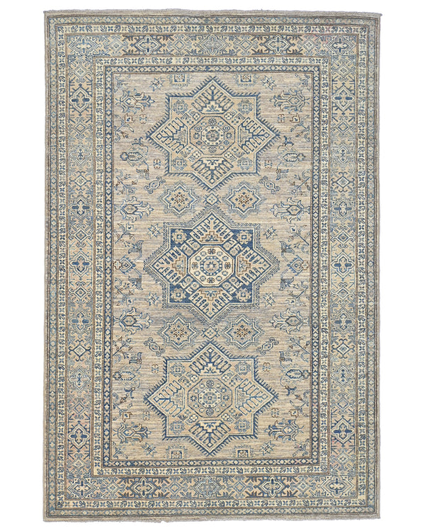 5x7 Feet Kazak Brown Blue Afghan Handmade Geometric Wool Area Rug