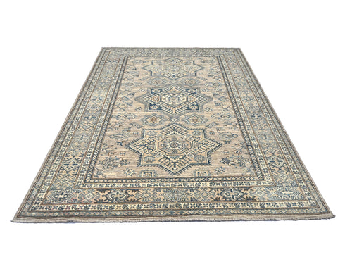 5x7 Feet Kazak Brown Blue Afghan Handmade Geometric Wool Area Rug