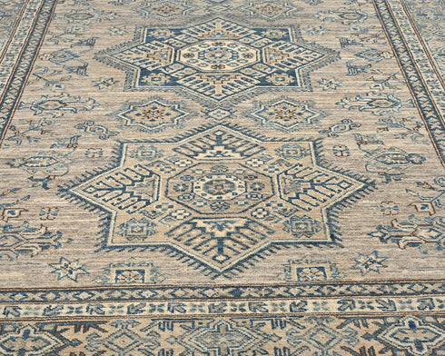 5x7 Feet Kazak Brown Blue Afghan Handmade Geometric Wool Area Rug