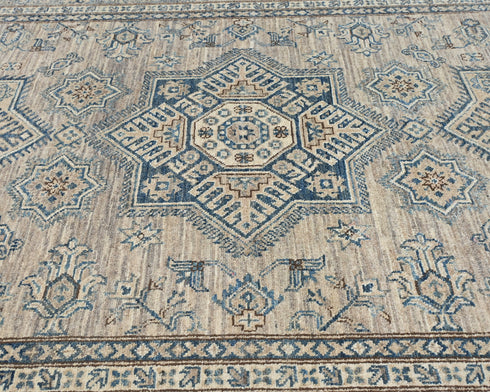 5x7 Feet Kazak Brown Blue Afghan Handmade Geometric Wool Area Rug