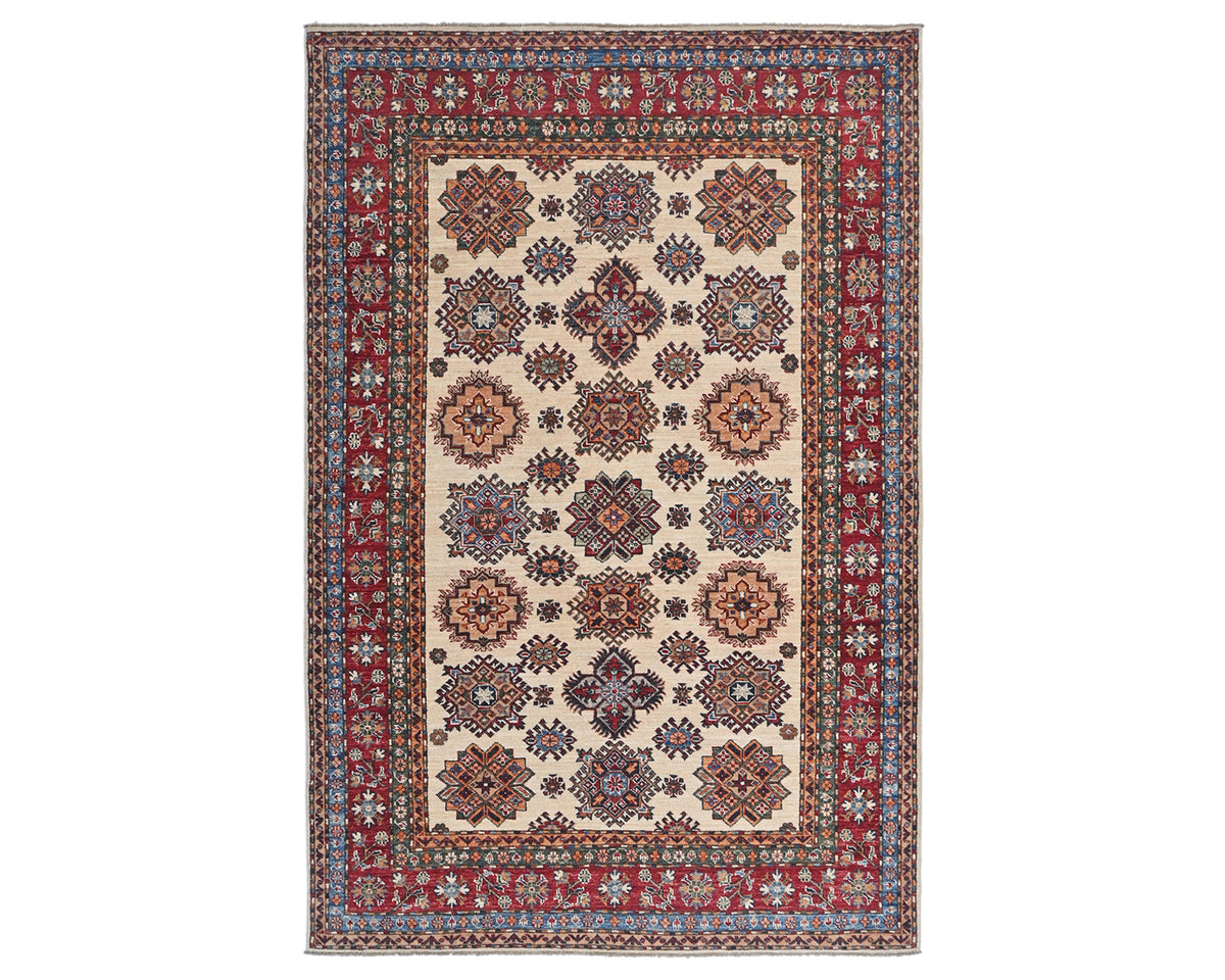 6x8 Beige Kazak Afghan Hand Knotted Geometric Wool Area Rug