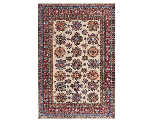 6x8 Beige Kazak Afghan Hand Knotted Geometric Wool Area Rug