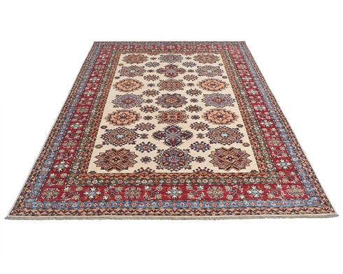 6x8 Beige Kazak Afghan Hand Knotted Geometric Wool Area Rug
