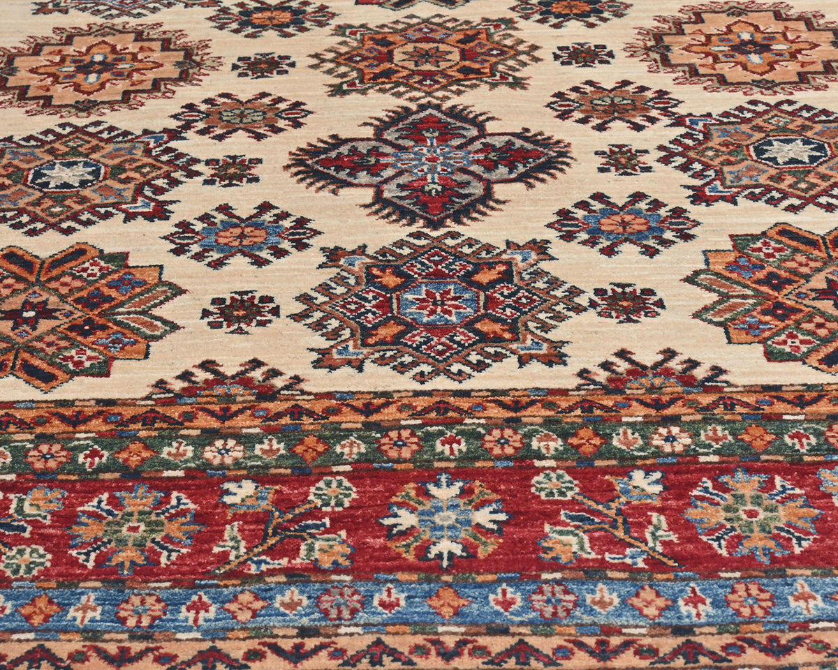 6x8 Beige Kazak Afghan Hand Knotted Geometric Wool Area Rug