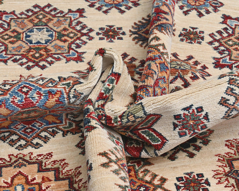 6x8 Beige Kazak Afghan Hand Knotted Geometric Wool Area Rug