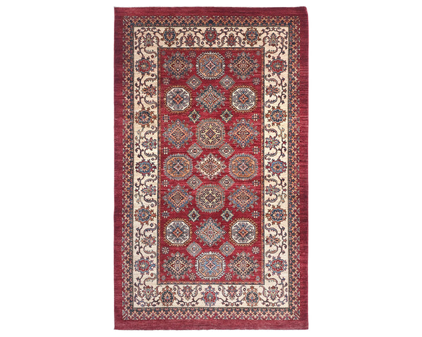 6x9 Red Kazak Afghan Hand Knotted Geometric Wool Area Rug