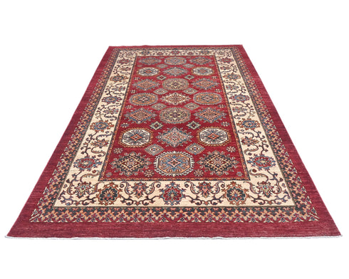 6x9 Red Kazak Afghan Hand Knotted Geometric Wool Area Rug