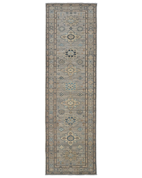 10 Feet Gray Kazak Afghan Hand Knotted Geometric Wool Runner Rug