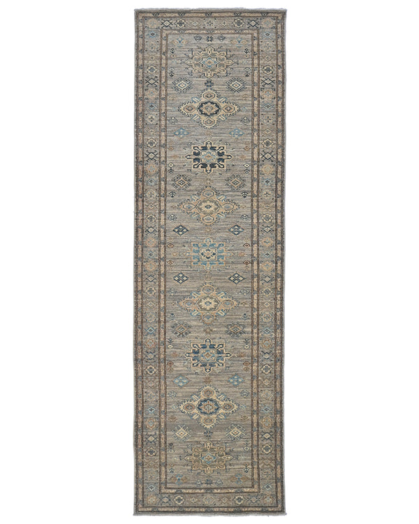 10 Feet Gray Kazak Afghan Hand Knotted Geometric Wool Runner Rug