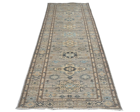 10 Feet Gray Kazak Afghan Hand Knotted Geometric Wool Runner Rug