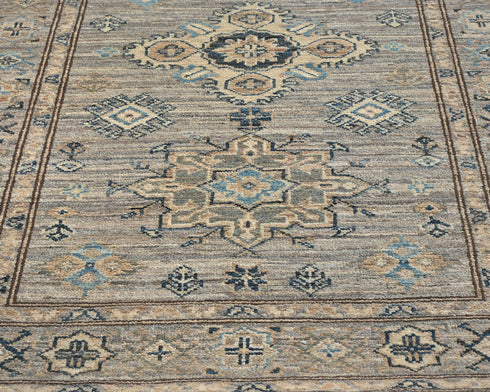10 Feet Gray Kazak Afghan Hand Knotted Geometric Wool Runner Rug