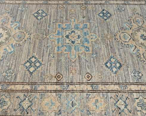 10 Feet Gray Kazak Afghan Hand Knotted Geometric Wool Runner Rug