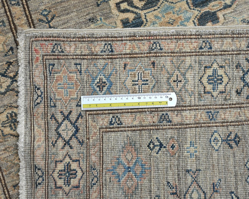 10 Feet Gray Kazak Afghan Hand Knotted Geometric Wool Runner Rug