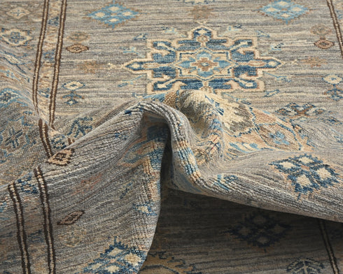 10 Feet Gray Kazak Afghan Hand Knotted Geometric Wool Runner Rug