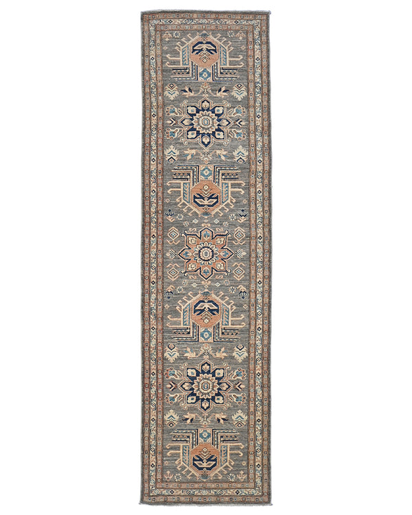 10 Ft Kazak Gray Afghan Hand Knotted Traditional Wool Runner Rug