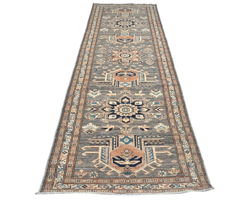 10 Ft Kazak Gray Afghan Hand Knotted Traditional Wool Runner Rug