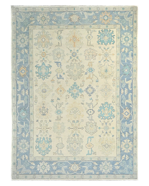 Muted Beige Oushak Turkish Hand Knotted Oriental 9x12 Wool Area Rug