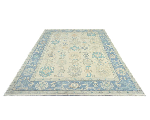 Muted Beige Oushak Turkish Hand Knotted Oriental 9x12 Wool Area Rug