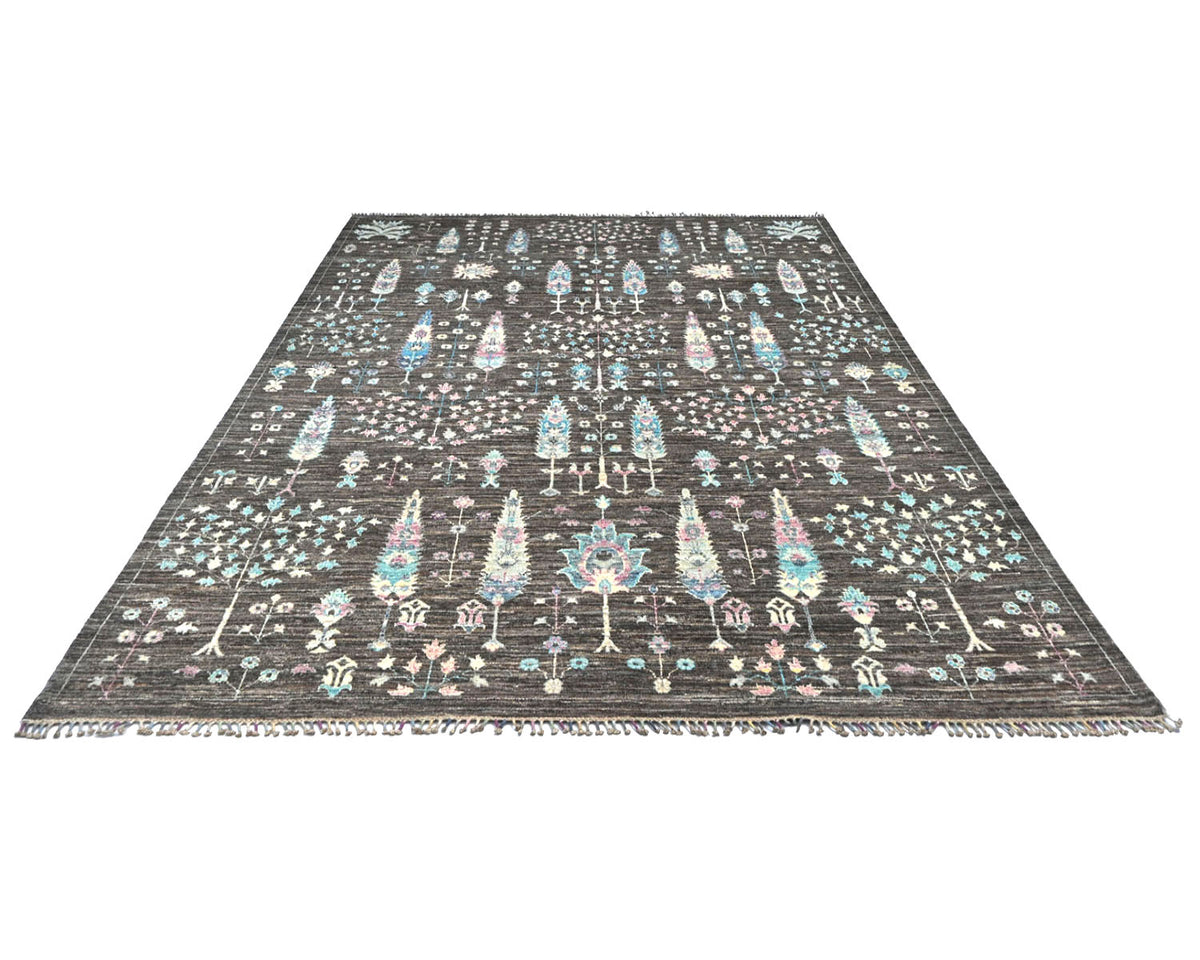 Alfombra afgana de lana anudada a mano Khurgeen gris de 8 x 10 pulgadas