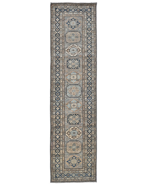 10 Ft Kazak Gray Blue Afghan Hand Knotted Geometric Wool Runner Rug