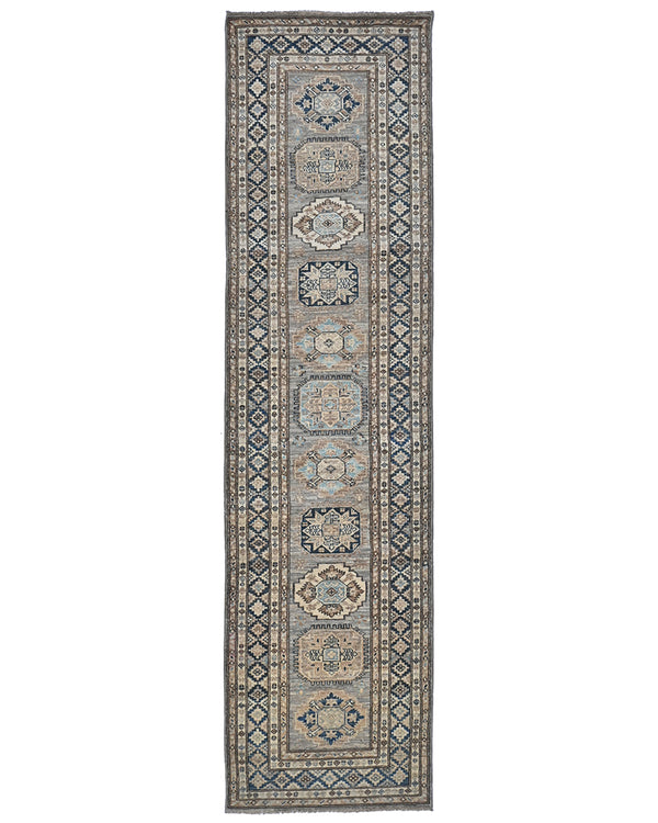 10 Ft Kazak Gray Blue Afghan Hand Knotted Geometric Wool Runner Rug