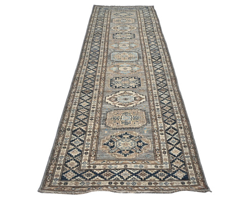 10 Ft Kazak Gray Blue Afghan Hand Knotted Geometric Wool Runner Rug