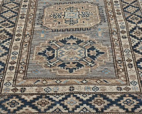 10 Ft Kazak Gray Blue Afghan Hand Knotted Geometric Wool Runner Rug