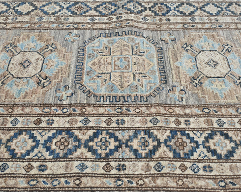10 Ft Kazak Gray Blue Afghan Hand Knotted Geometric Wool Runner Rug