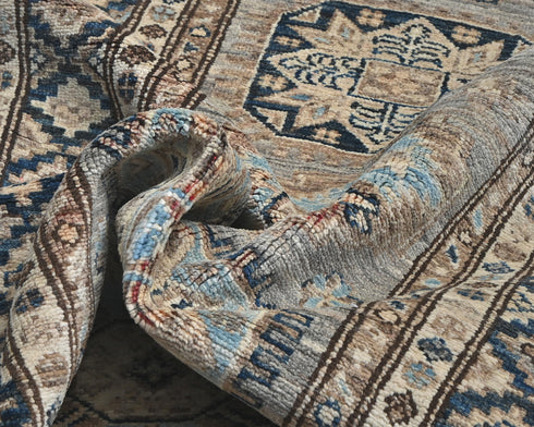 10 Ft Kazak Gray Blue Afghan Hand Knotted Geometric Wool Runner Rug