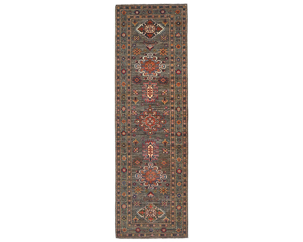 9 Feet Gray Kazak Afghan Hand Knotted Wool Runner Rug