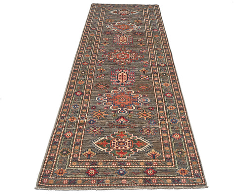 9 Feet Gray Kazak Afghan Hand Knotted Wool Runner Rug