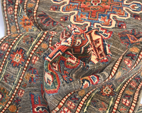 9 Feet Gray Kazak Afghan Hand Knotted Wool Runner Rug