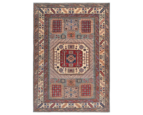 6x8 Beige Kazak Afghan Hand Knotted Geometric Wool Area Rug