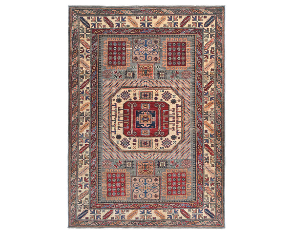 6x8 Beige Kazak Afghan Hand Knotted Geometric Wool Area Rug
