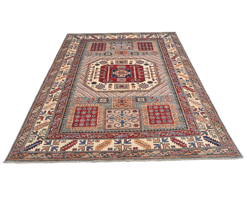 6x8 Beige Kazak Afghan Hand Knotted Geometric Wool Area Rug