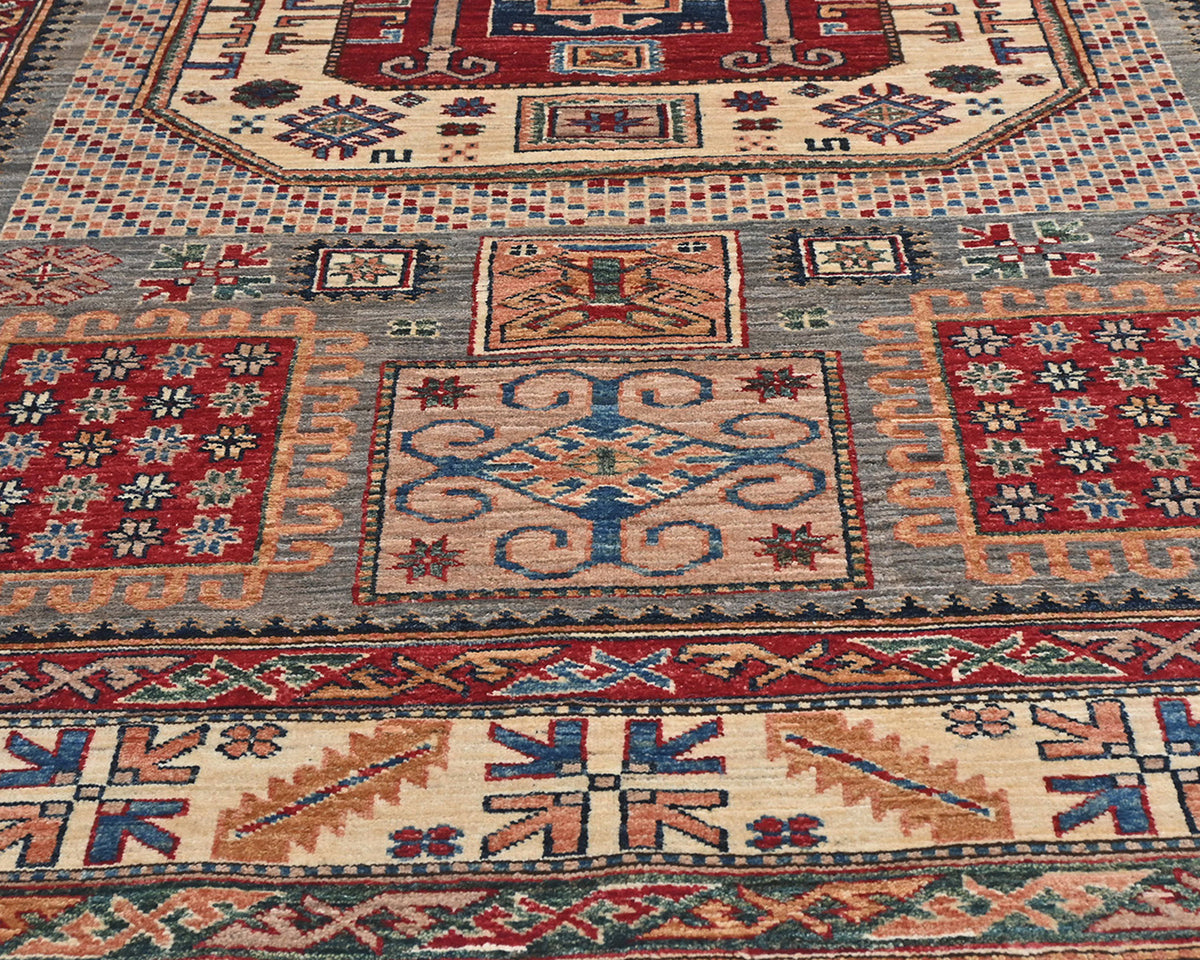 6x8 Beige Kazak Afghan Hand Knotted Geometric Wool Area Rug