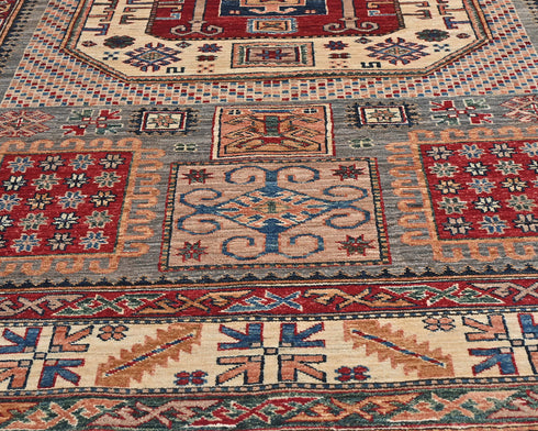 6x8 Beige Kazak Afghan Hand Knotted Geometric Wool Area Rug