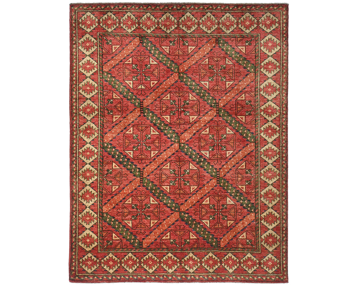 Alfombra afgana Ersari de lana teñida con vegetales, anudada a mano, color rojo óxido, de 5 x 7
